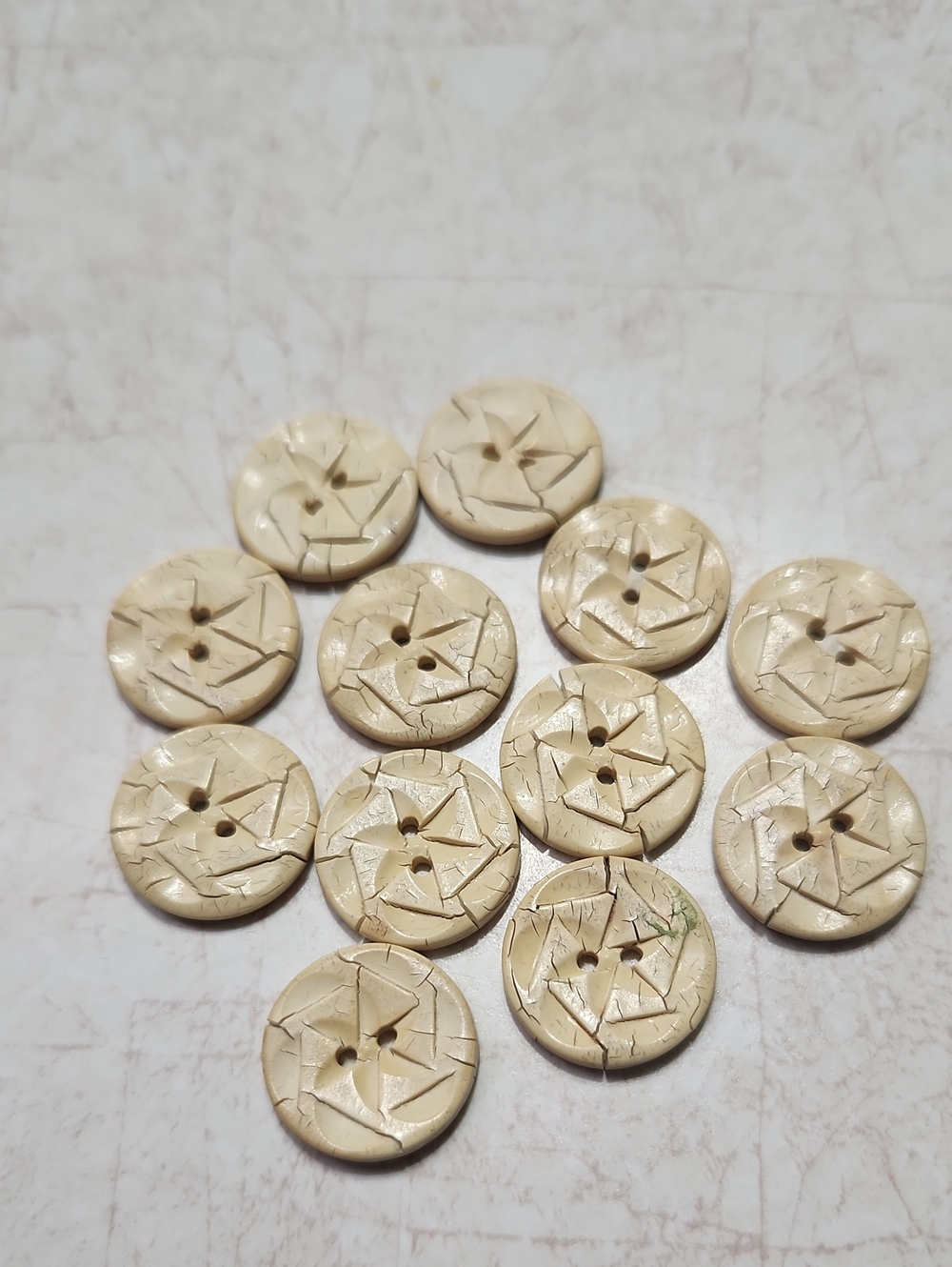 Vintage Early 1900's Set of 12  Coconut Wood Hand Carved Round Cream Buttons